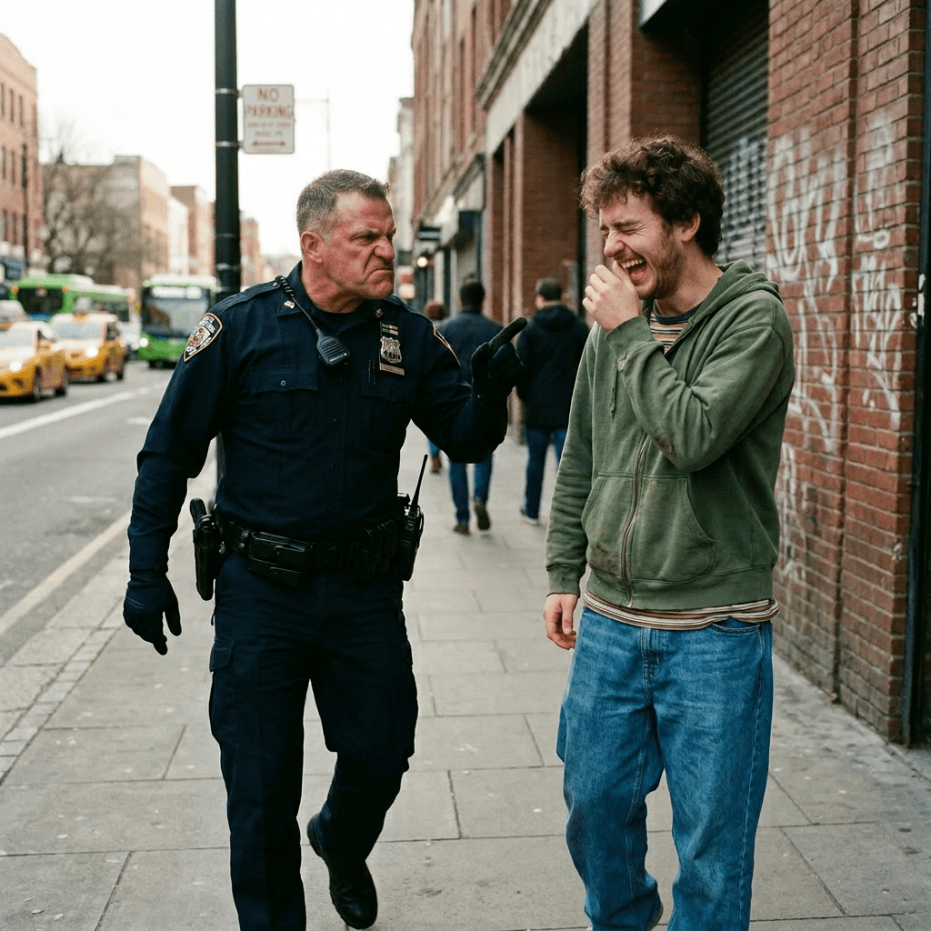 Police officer speaking emphatically to a young man who is laughing on a sidewalk