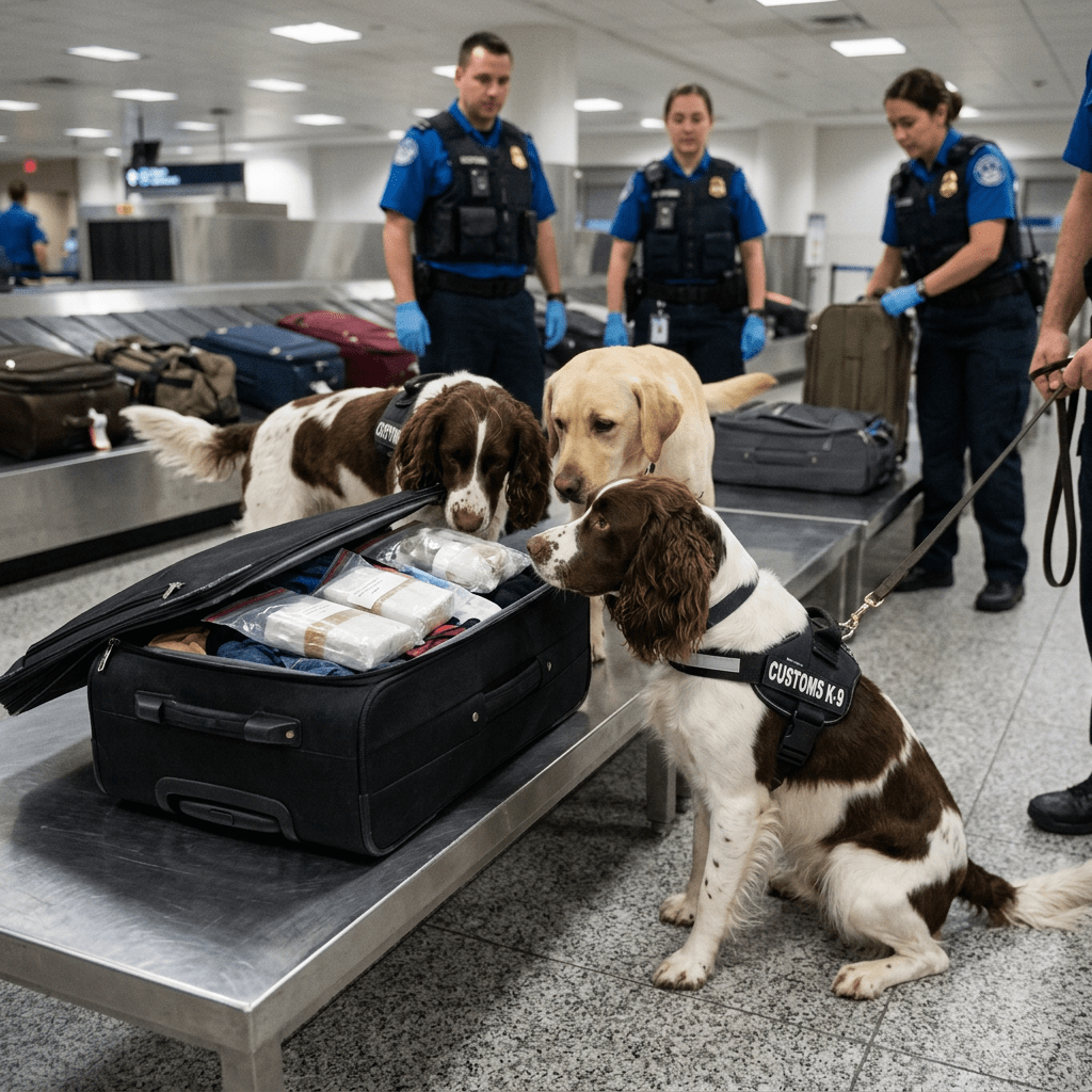 Three customs K-9 dogs inspecting open luggage on a metal bench at airport baggage claim