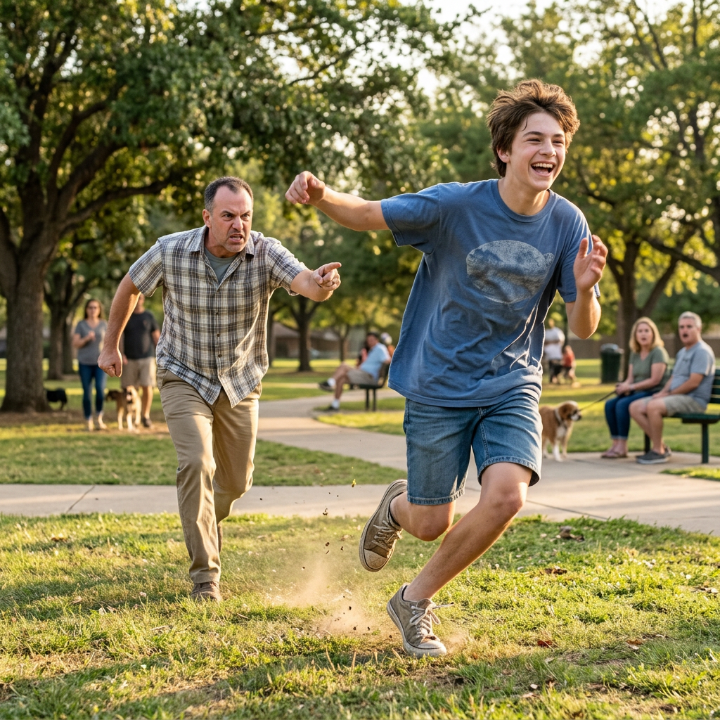 Father running after laughing teenage boy in park.